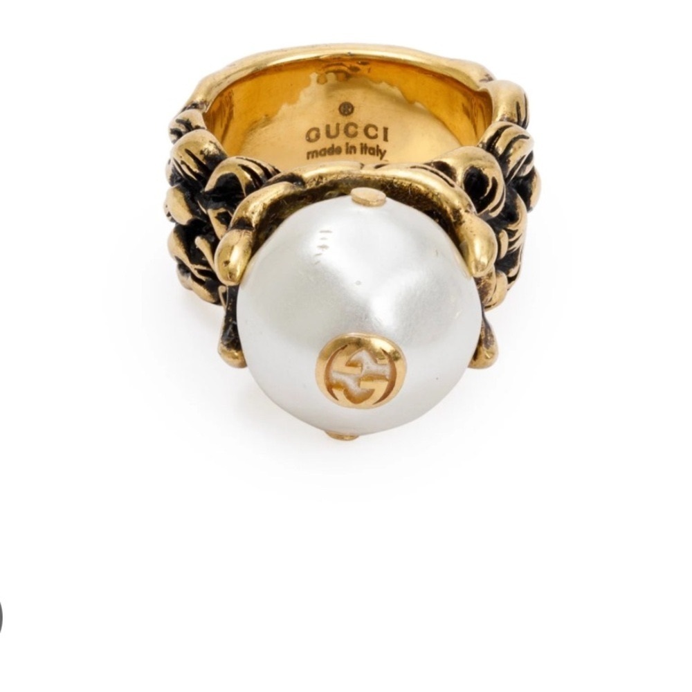 Gucci Large Decorative Interlocking GG Logo Peal Lion Mane Wide Band Ring 9.5